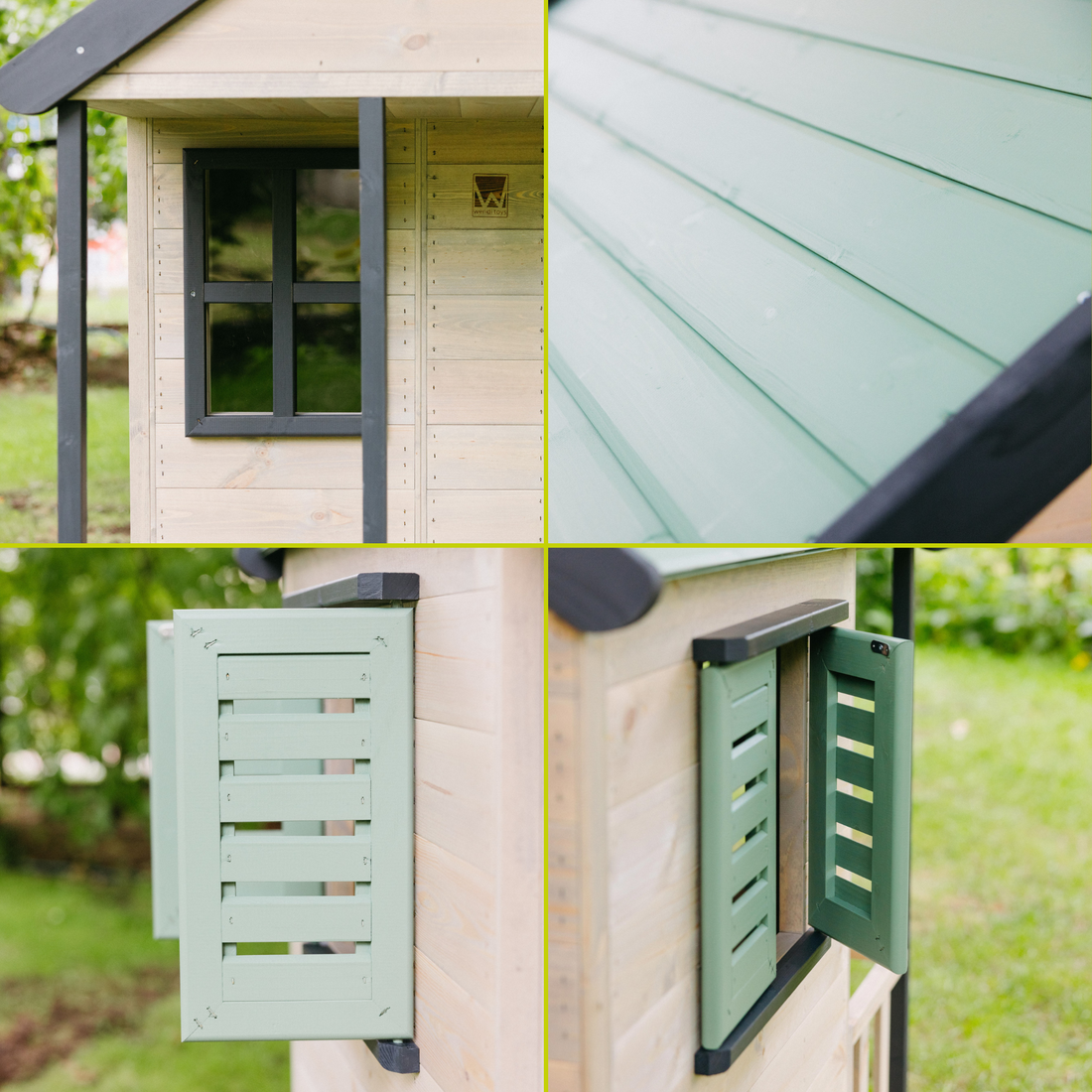 Lesena hišica LODGE s toboganom in gugalnico PASTEL ZELENA- lesena igrala