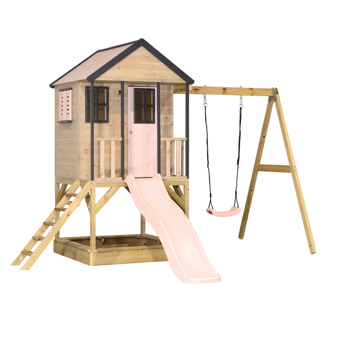 Lesena hišica LODGE s toboganom in gugalnico PASTEL ROZA- lesena igrala