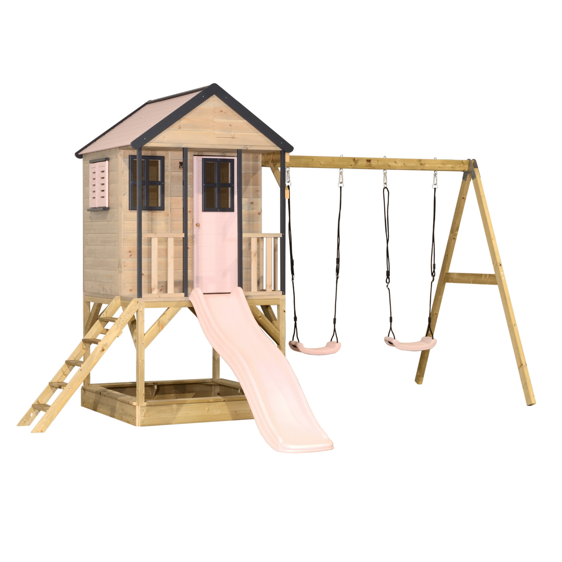 Lesena hišica Lodge s toboganom in 2 gugalnicama PASTEL ROZA- lesena igrala